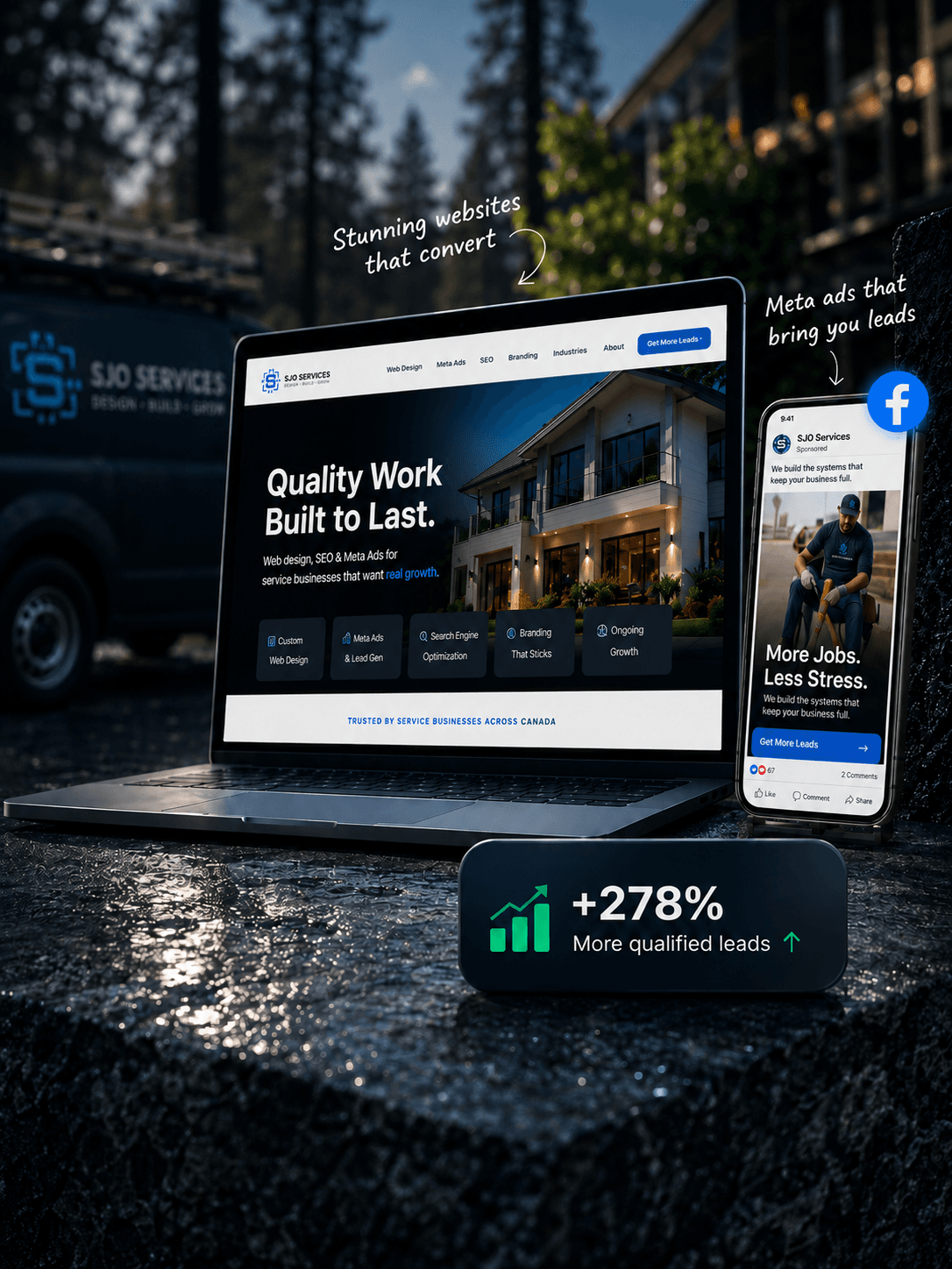 SJO Services website and Meta ad mockups shown on a laptop and phone