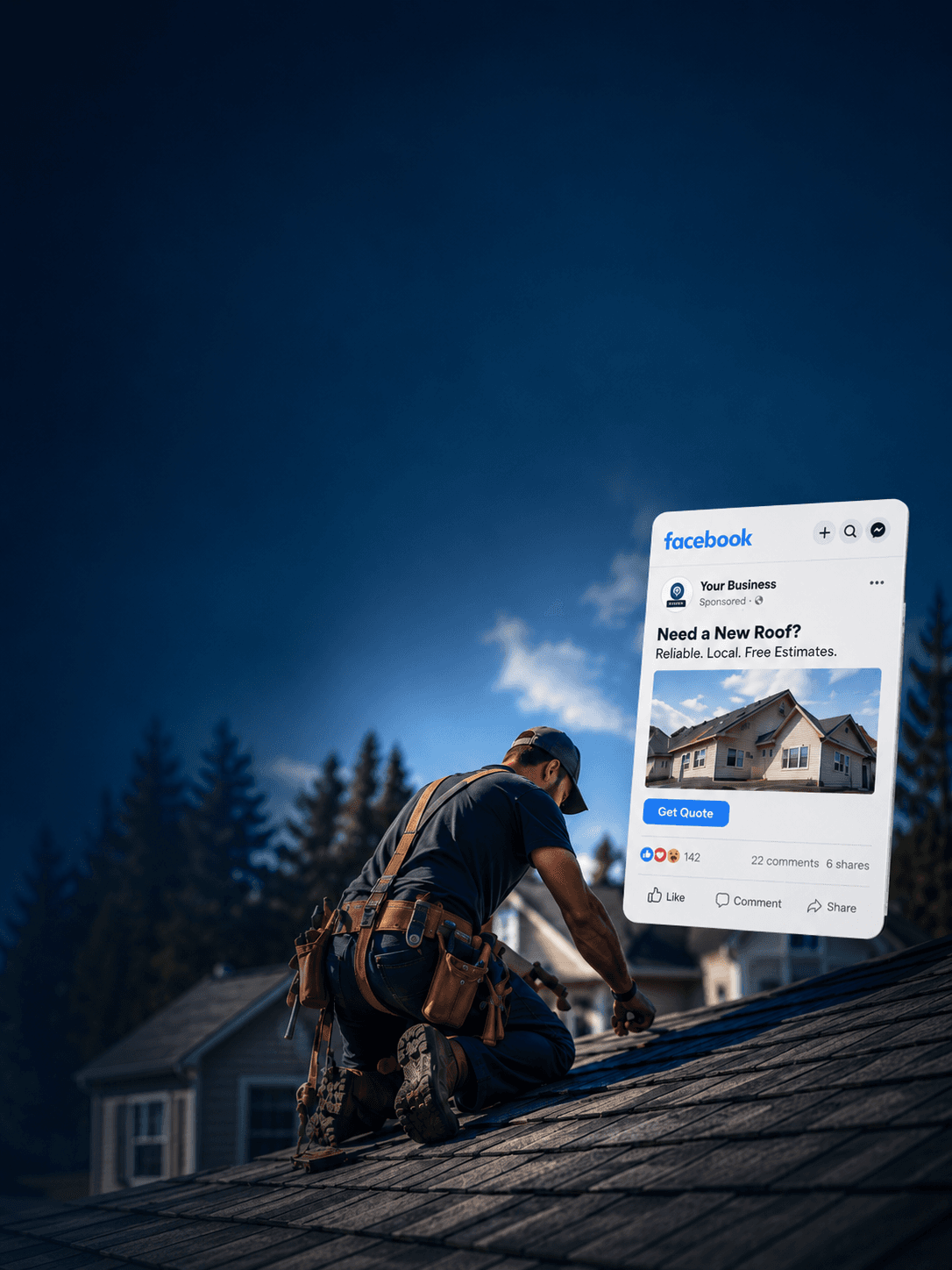 Sample Meta ad for a roofing business shown on a phone, with real trade photography