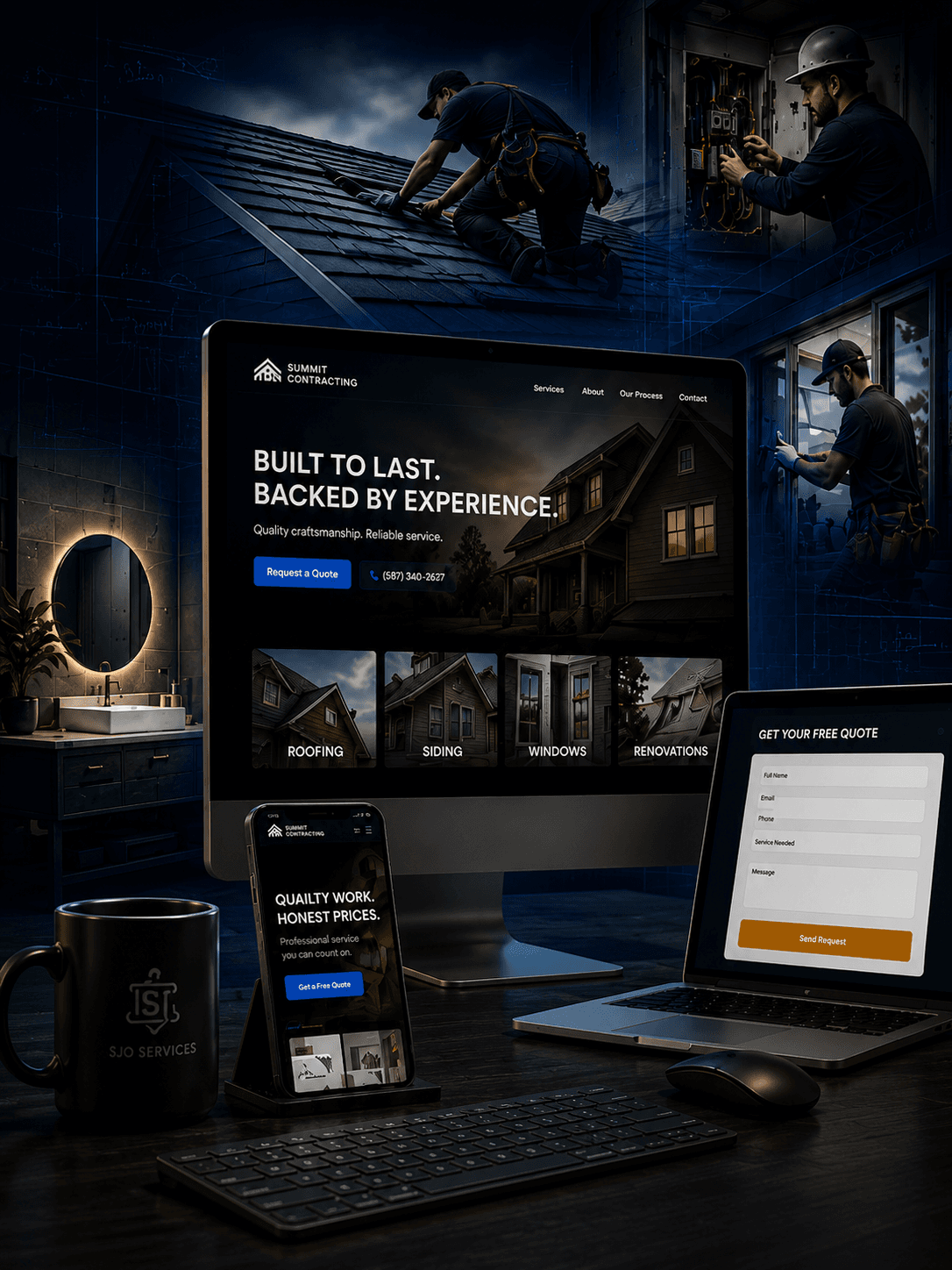 SJO Services website mockups shown on a desktop monitor, phone, and laptop